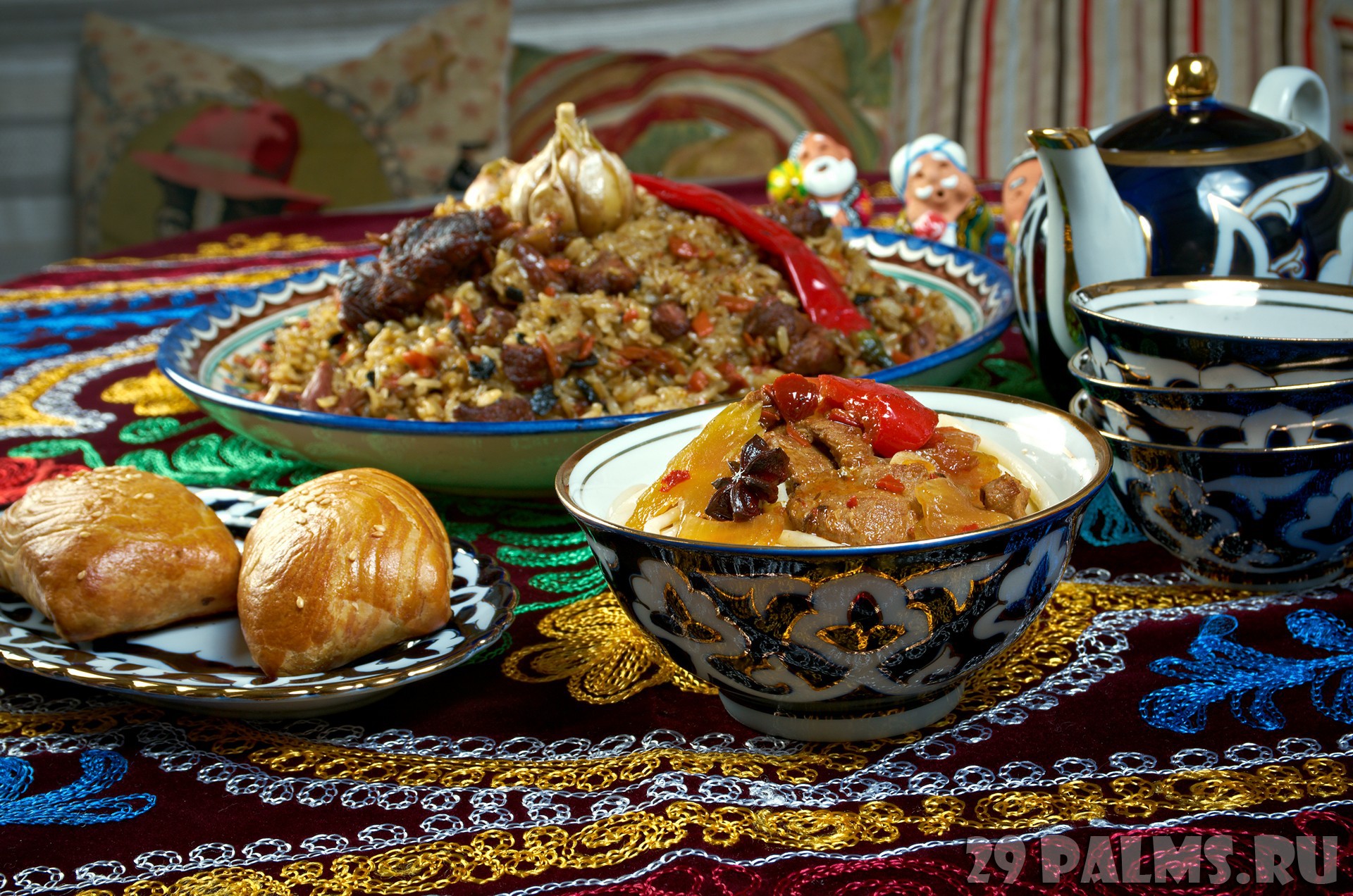 food set  Central Asian cuisine - plov, lagman,sherbet  and samsa
